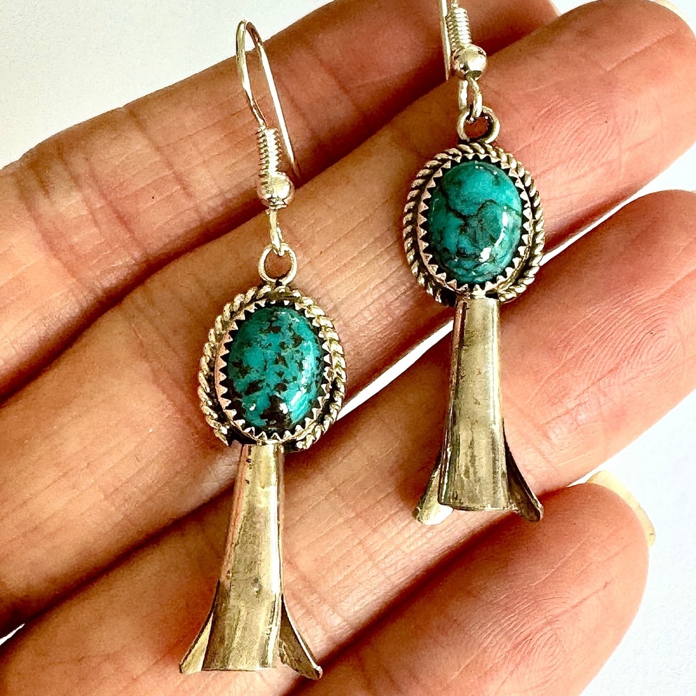Navajo Turquoise Earrings Squash Blossom 2in Sterling 925 Native Amer Hook